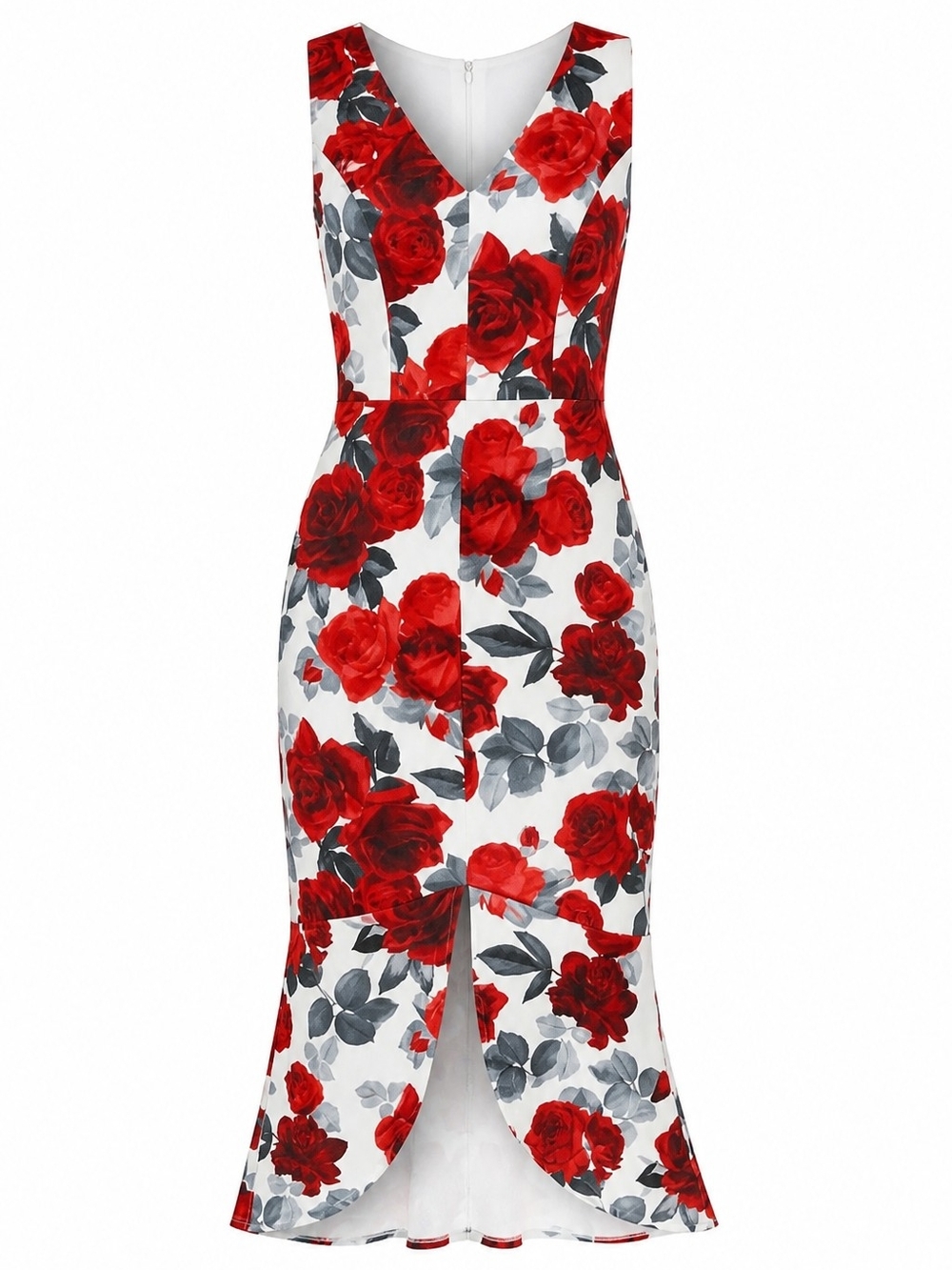 Sweet Storm Red Rose Print V-Neck Tulip-Hem Midi Dress